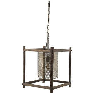 Mercana Keppler Industrial-Style Pendant Light with Perforated Metal Shade and Wooden Cage for Unique Illumination 65460
