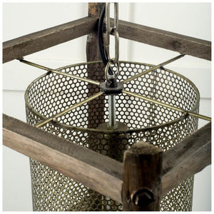 Mercana Keppler Industrial-Style Pendant Light with Perforated Metal Shade and Wooden Cage for Unique Illumination 65460