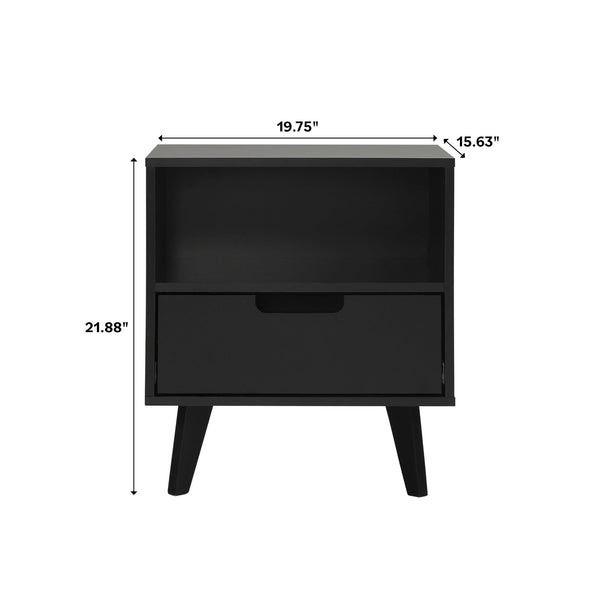 English Elm Walker Edison - Modern 1-Drawer Nightstand with Open Cubby—Sleek Mid-Century Legs, Smooth Glides, Warp-Resistant MDF Black 23.5 L x 18.5 W x 6 H B185P168893
