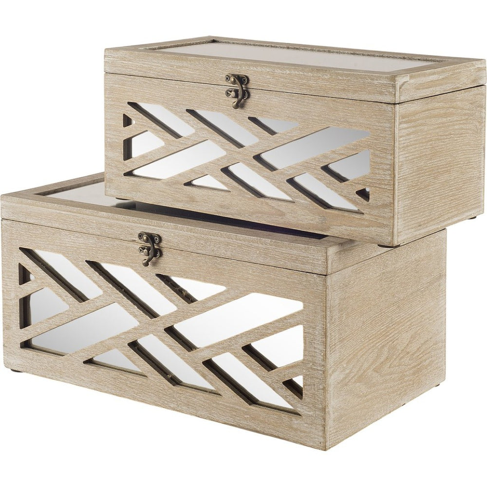 Mercana Tiffany Glamorous Wooden Storage Boxes with Mirror Inlays - Chic Chevron Design for Stylish Decor 67050