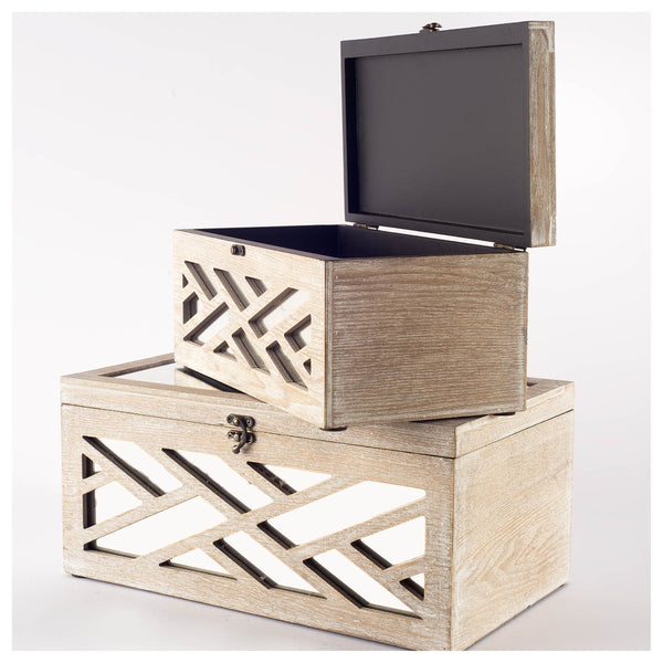 Mercana Tiffany Glamorous Wooden Storage Boxes with Mirror Inlays - Chic Chevron Design for Stylish Decor 67050