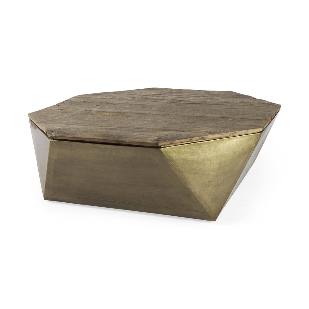 Mercana Esagono Octagonal Coffee Table - Reclaimed Wood with Antique Gold Metal, Stylish Storage Solution 67092