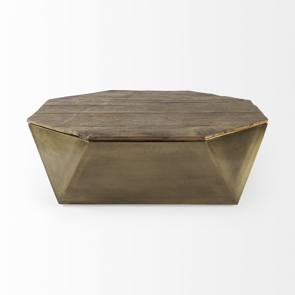 Mercana Esagono Octagonal Coffee Table - Reclaimed Wood with Antique Gold Metal, Stylish Storage Solution 67092
