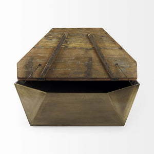 Mercana Esagono Octagonal Coffee Table - Reclaimed Wood with Antique Gold Metal, Stylish Storage Solution 67092