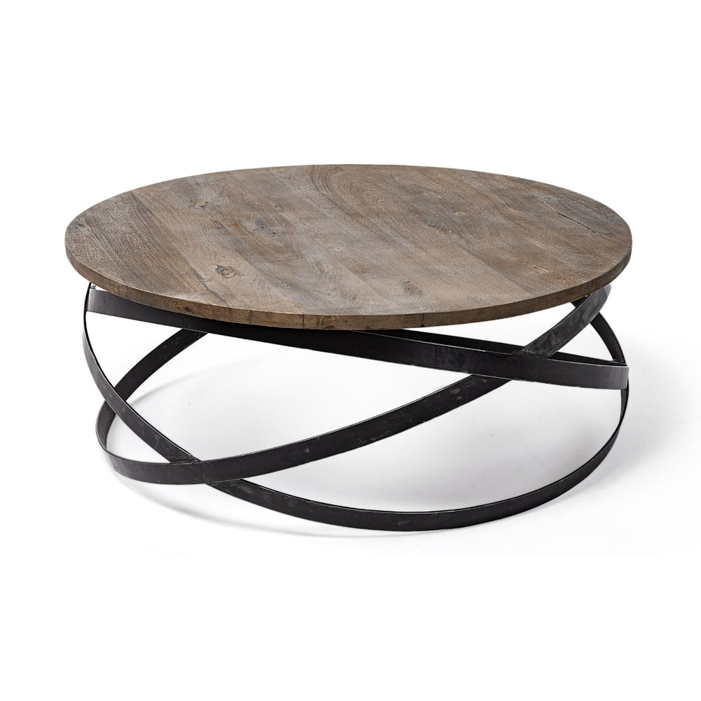 Mercana Triumph 40" Round Solid Wood Top Coffee Table with Industrial Iron Base for Modern Living Spaces 67108