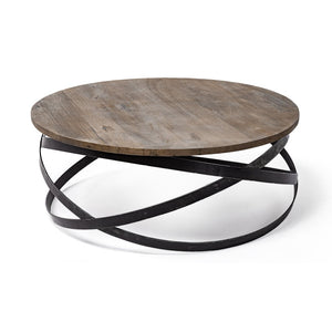 Mercana Triumph 40" Round Solid Wood Top Coffee Table with Industrial Iron Base for Modern Living Spaces 67108