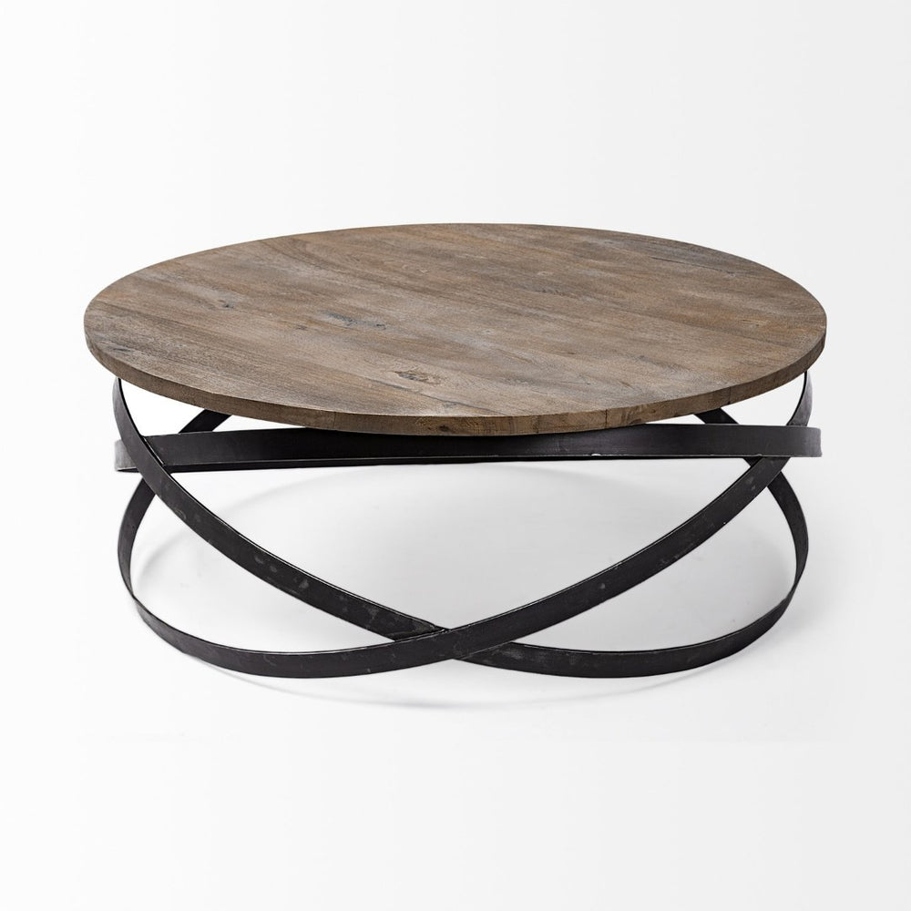 Mercana Triumph 40" Round Solid Wood Top Coffee Table with Industrial Iron Base for Modern Living Spaces 67108