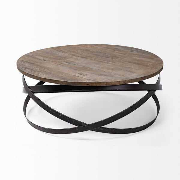 Mercana Triumph 40" Round Solid Wood Top Coffee Table with Industrial Iron Base for Modern Living Spaces 67108