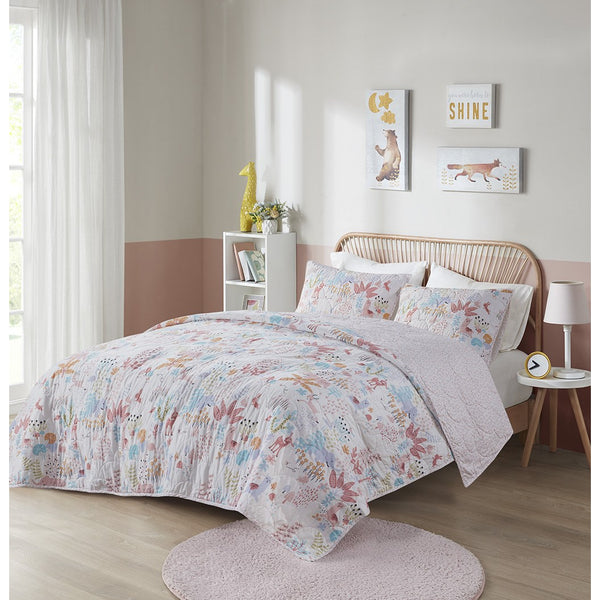 JLA Home Urban Habitat Kids - Woodland Reversible Cotton Quilt Set with Playful Animal Print & Ditsy Floral, OEKO-TEX, Antimicrobial UHK13-0224