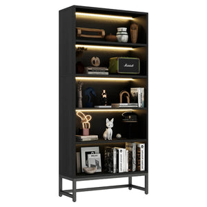 English Elm Tall Five Tier Bookcase with Led Shelf Lighting White Mdf Frame Living Room Display W3204P454081