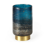 Caspian I Tall Blue Glass Antiqued Brass Bottom Vase