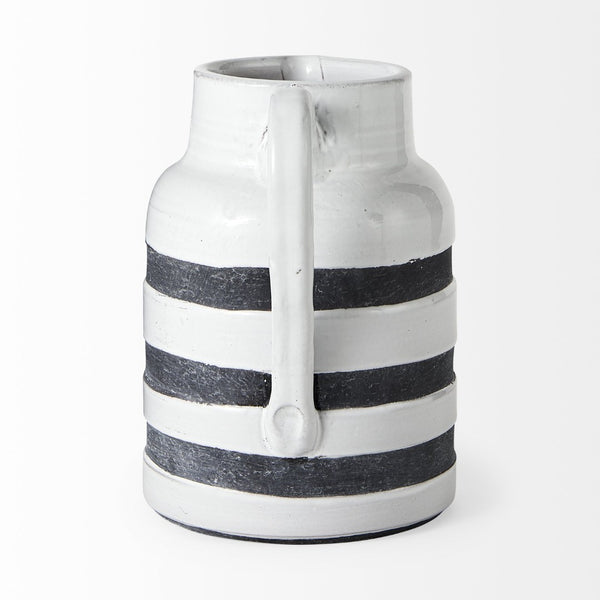 Mercana Harmon Rustic-Modern Ceramic Jug with Charcoal Stripes - Ideal Home Accent for Stylish Decor White/Blue Ceramic | 9H 31067