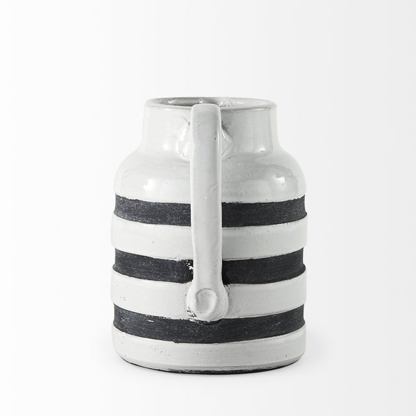 Mercana Harmon Rustic-Modern Ceramic Jug with Charcoal Stripes - Ideal Home Accent for Stylish Decor White/Blue Ceramic | 7H 31066
