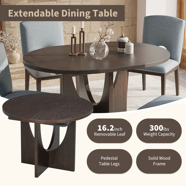 English Elm Topmax Extendable Round Dining Set with Linen Chairs and Pedestal Base Seats Five Espresso N717S000062P