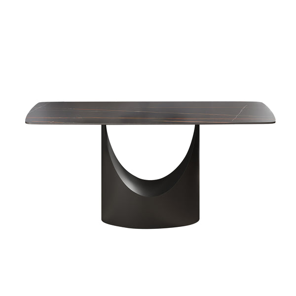 English Elm 63" Modern Dining Table With Curved Black Stone Top & Sturdy Iron Legs For 6-8 People Gatherings W1535S00559