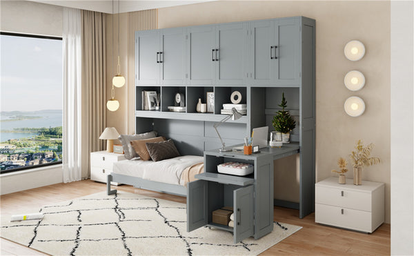 English Elm Twin Murphy Wall Bed with Integrated Closet Drawers and Desk for Studio Spaces Gray LP000595AAE-1