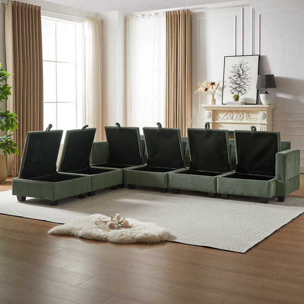 English Elm 113.5'' Modular Sectional Sofa with Storage Ottoman, Convertible U or L Shape Sleeper for 6 Seats Green W834S00251
