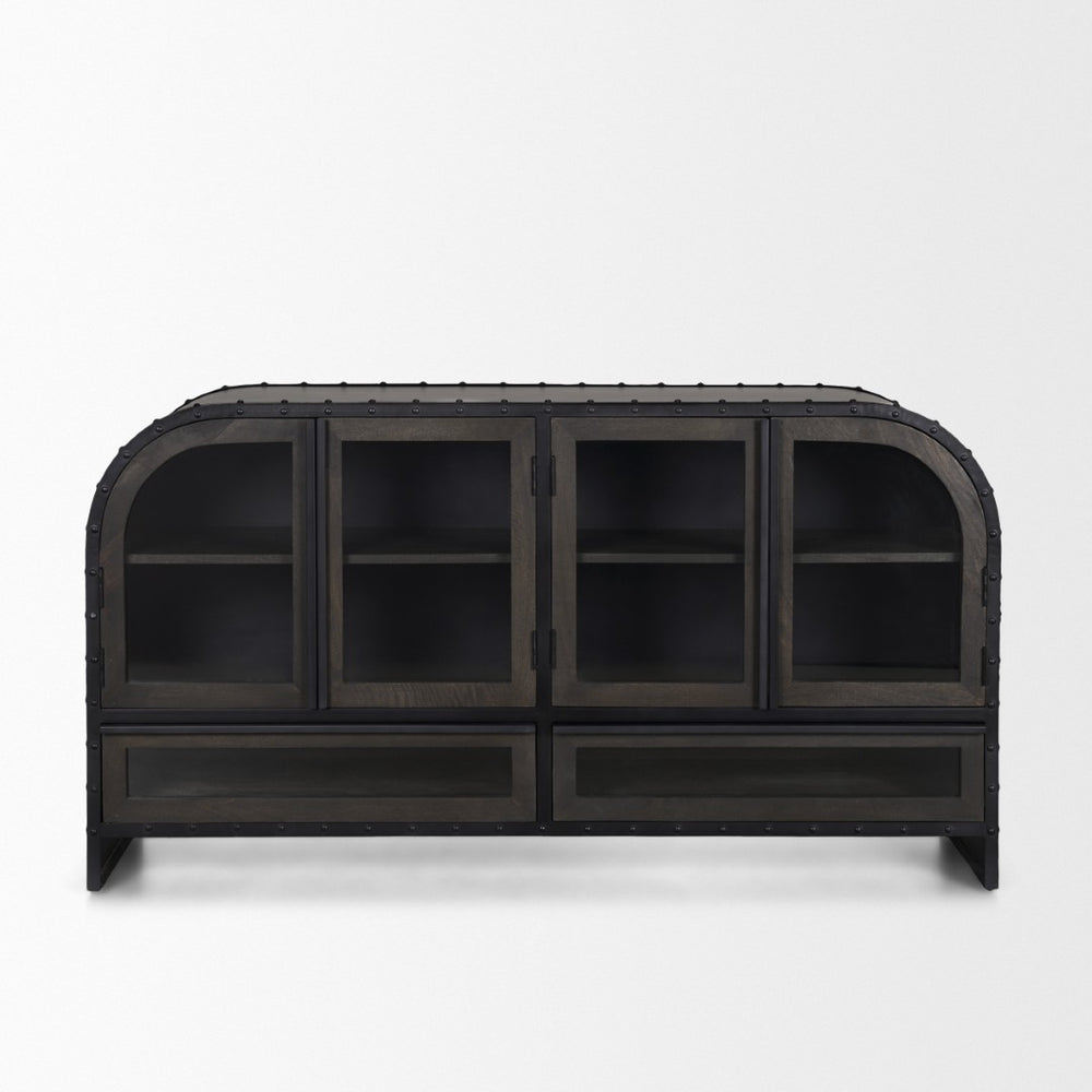 Mercana Gehry I 62.3” Industrial Sideboard with Mango Wood Accents and Glass Fronts for Stylish Storage 67532