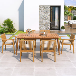 English Elm Christopher Knight Home® - 7-Piece Acacia Wood Outdoor Dining Set with 72" Slatted Table & 6 Cushioned Chairs, Durable Patio Entertaining Ready Natural,Teak N779P266069N_N779P234497N-3