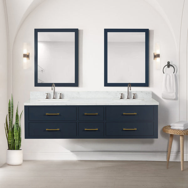 English Elm Blue Double Bath Vanity 72 in W x 22 in D with Carrara Marble Top, Soft-Close Drawers & Dual 34" Mirrors B2731S01571