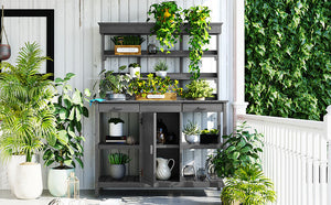 English Elm TOPMAX 66" Potting Bench Gray - Fir Wood Garden Workstation with 36" Counter, 2 Drawers, Shelves, Anti-Tip Device N717P221500E