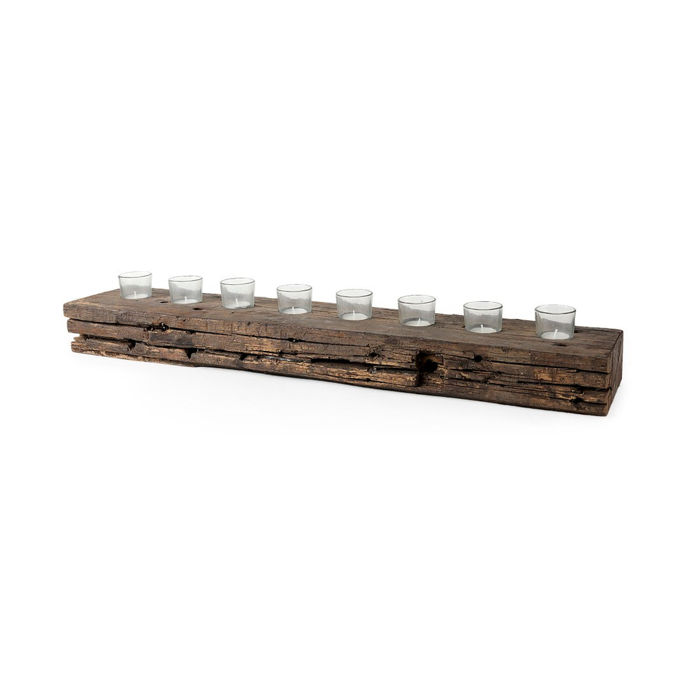 Mercana Lakara Reclaimed Wood Candle Holder for Eight Tealights - Rustic Charm for Any Dining Table Decor 67526-AB