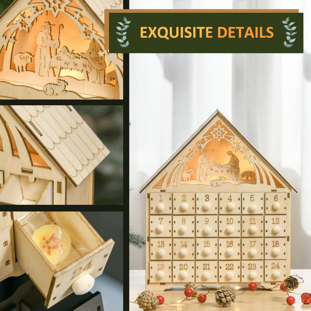 English Elm Homcom Light-Up Wooden Advent Calendar With Nativity Scene, 24 Countdown Drawers For Holiday Cheer W2225P249696