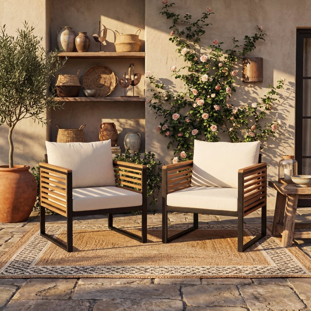 English Elm Outdoor Acacia Armrest Iron Frame Patio Chairs with Foam Cushions Set of 2 N757P354897B
