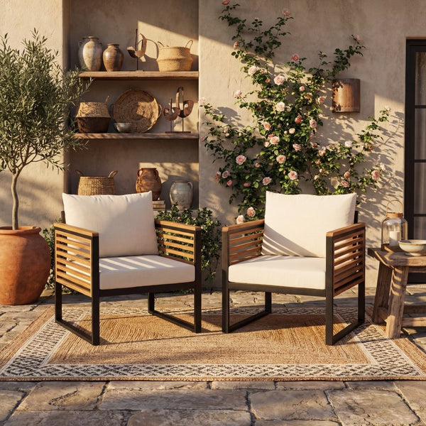 English Elm Outdoor Acacia Armrest Iron Frame Patio Chairs with Foam Cushions Set of 2 N757P354897B