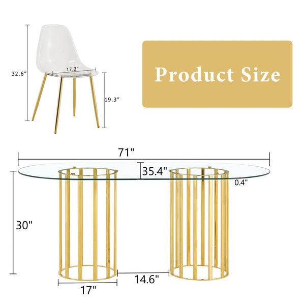 English Elm Table and Chair Set Oval Tempered Glass Top Gold Base with 6 Acrylic Seats W1151S04730