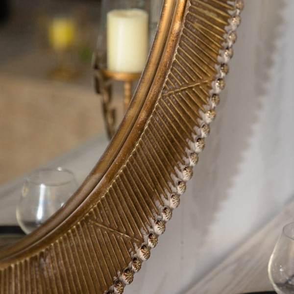 English Elm 31.3" Gold Iron Round Mirror Ribbed Texture Rivets Bohemian Accent for Bedroom W3158P407140