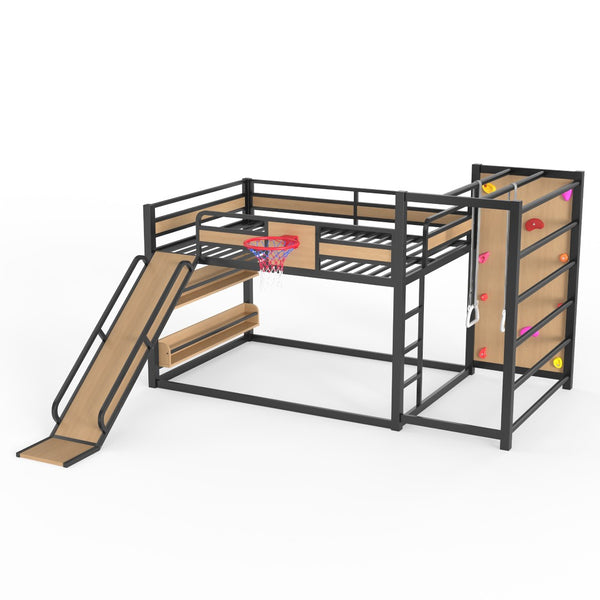 English Elm Twin Metal Loft Bed with Slide Basketball Hoop Climbing Wall and Built-in Shelves W1580S00632
