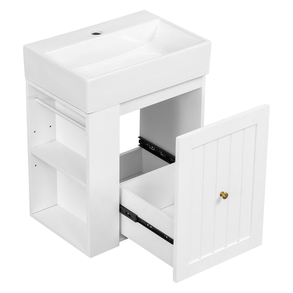 English Elm 20-Inch Compact Bathroom Vanity with Ceramic Sink, Wall-Mounted MDF Cabinet, Modern Space-Saver Design White N725P314023K