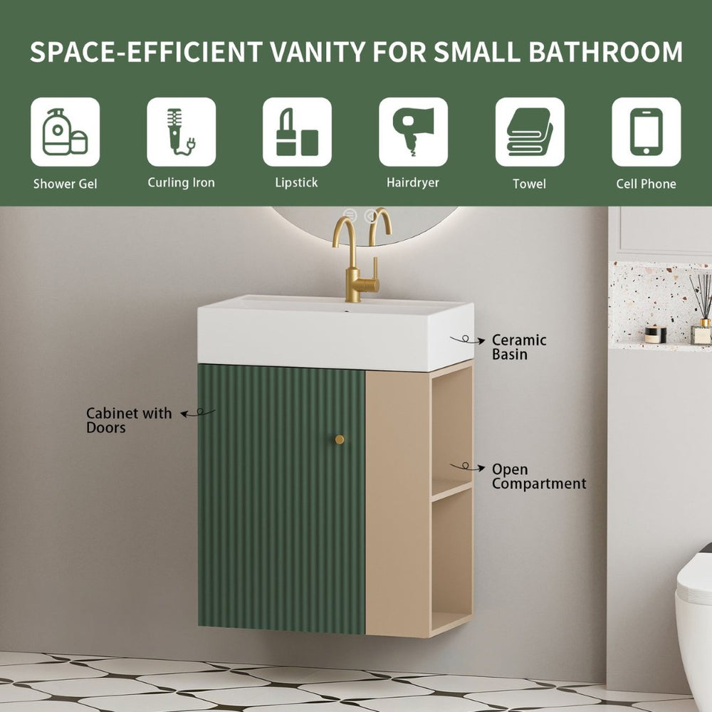 English Elm 21.6" Wall Mounted Sage Green Vanity Ceramic Sink Soft Close Cabinet Copper Hardware W1573S00089