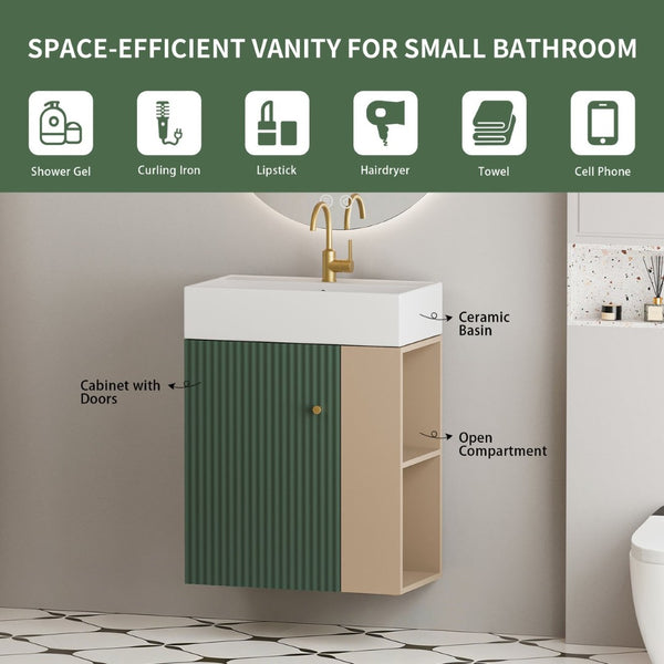 English Elm 21.6" Wall Mounted Sage Green Vanity Ceramic Sink Soft Close Cabinet Copper Hardware W1573S00089