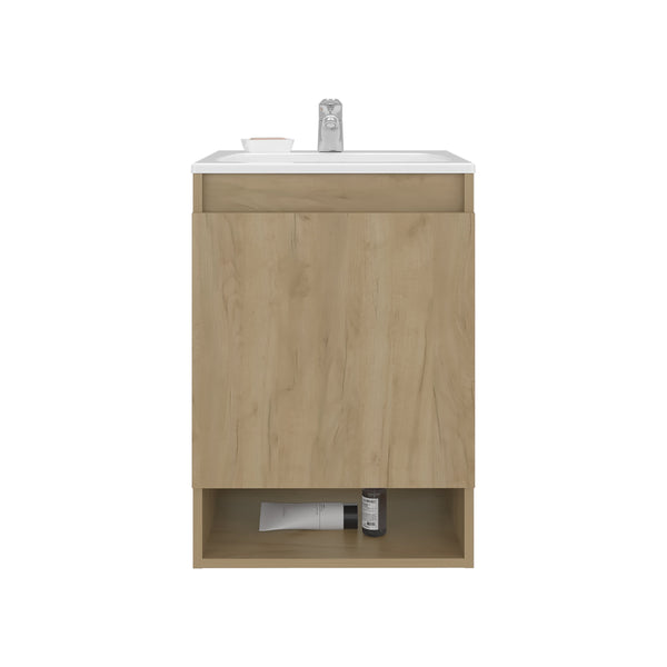 English Elm Nissi 18" Floating Wall-Mounted Vanity with Resin Sink, Soft-Close Door, Compact Natural Oak Finish B200S00448