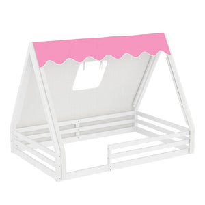 English Elm Twin Montessori Floor Bed Solid Pine Teepee Frame with Guardrails and Canopy Light White+Pink W1580P369467