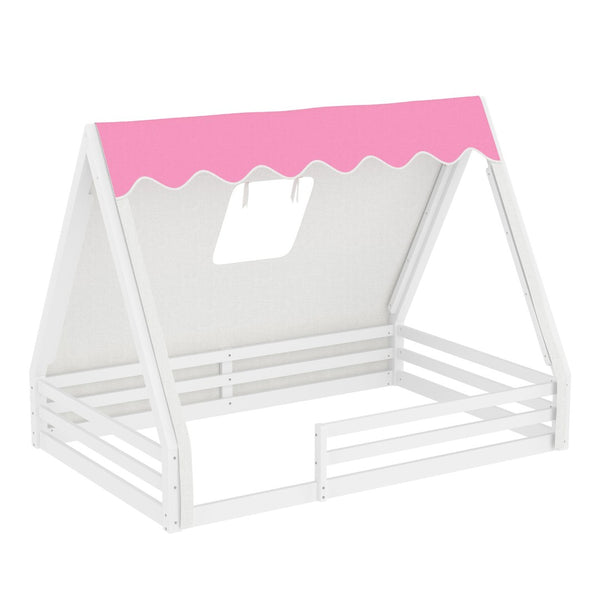 English Elm Twin Montessori Floor Bed Solid Pine Teepee Frame with Guardrails and Canopy Light White+Pink W1580P369467