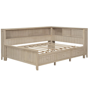 English Elm Full Full Size Wood Daybed with 3 Drawers & Shelves, Antique White Milk Finish — Storage, Charm, 400lb Capacity GX002214AAK