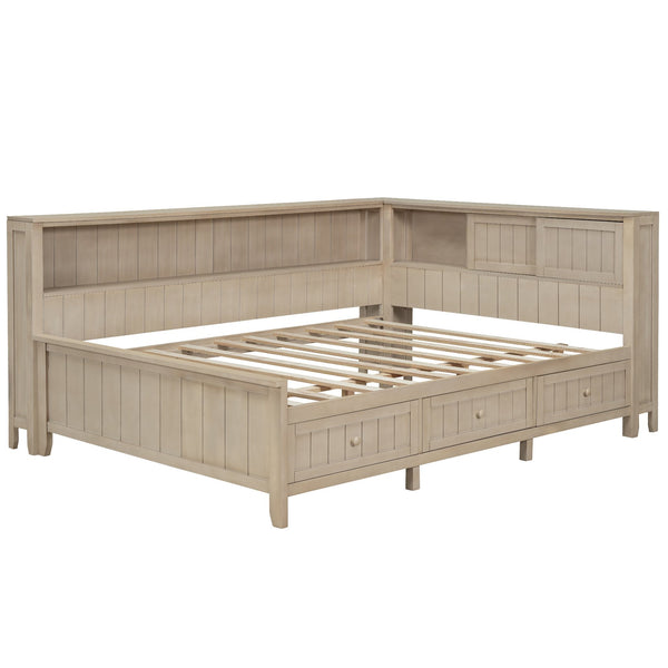 English Elm Full Full Size Wood Daybed with 3 Drawers & Shelves, Antique White Milk Finish — Storage, Charm, 400lb Capacity GX002214AAK