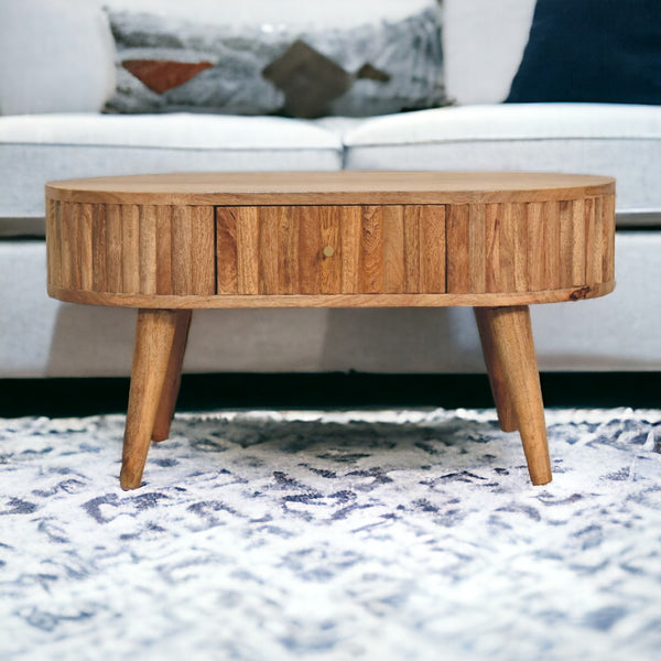 English Elm Solid Wood Stripe Coffee Table Oak Finish with 2 Drawers Nordic Legs — Timeless, Compact Living Elegance B182P166595