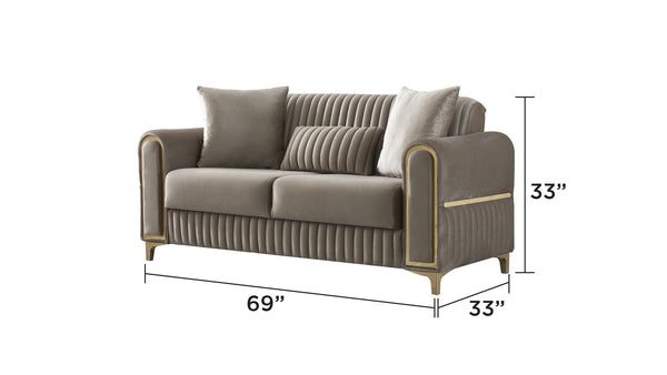 English Elm Melody Velvet Upholstered Sleeper Loveseat with Gold Accents, Vertical Tufting & Convertible Comfort taupe B009S01833