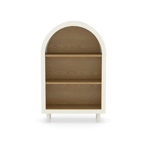 English Elm Arched White & Woodgrain Bookcase with 3 Shelves — Elegant Arched Top, Solid Wood Legs, Versatile Storage W2557P331018