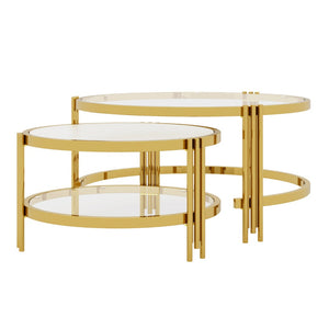 English Elm Modern Nesting Coffee Table Set Textured Tempered Glass Gold Tripod Base Living Room N735P354005A