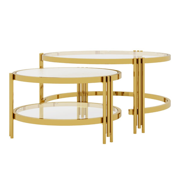 English Elm Modern Nesting Coffee Table Set Textured Tempered Glass Gold Tripod Base Living Room N735P354005A