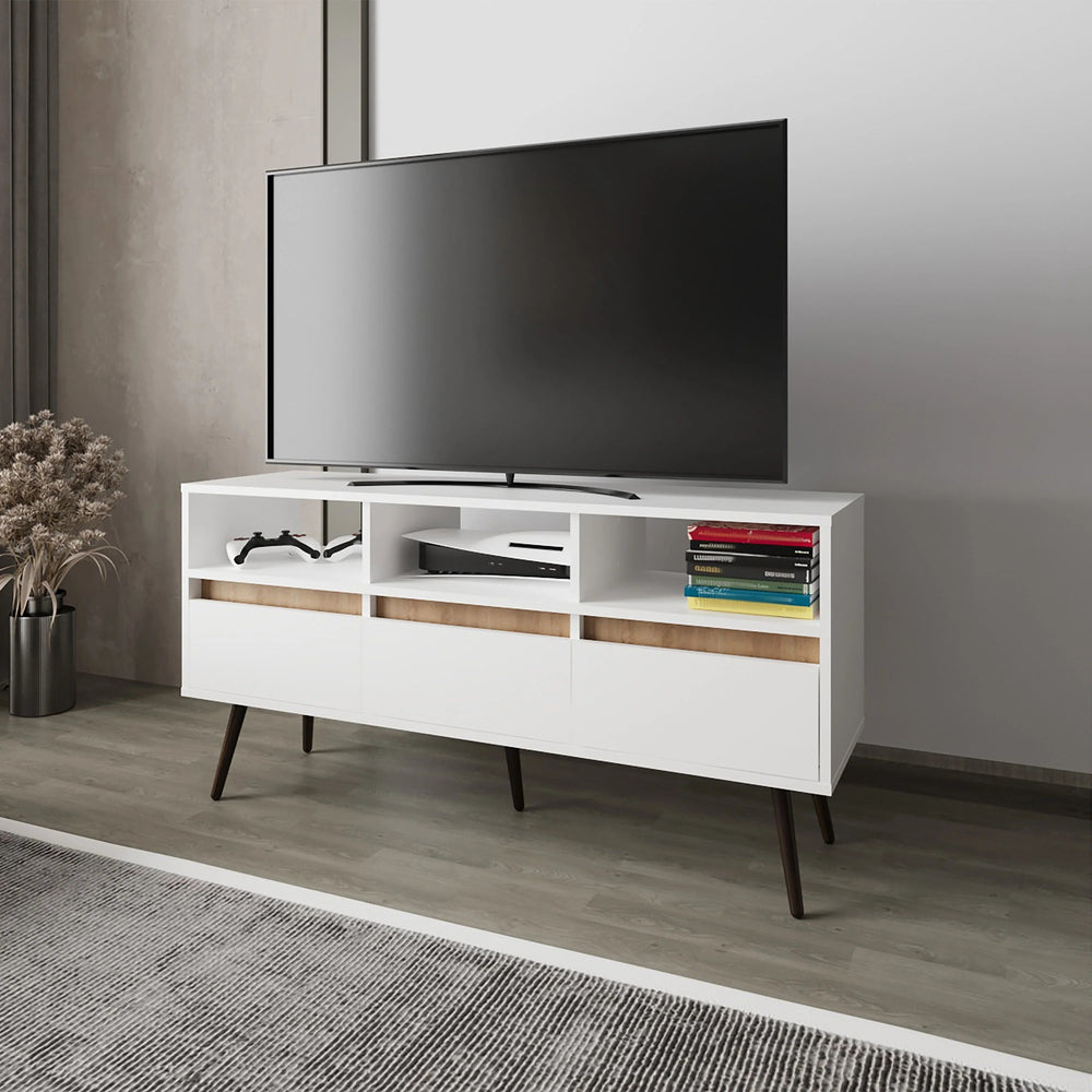 English Elm White White and Natural Oak TV Stand with 3 Drawers, 3 Shelves — Modern Rustic Entertainment Center for Organized Living Room Storage B062P290223