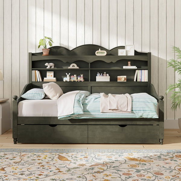 English Elm Twin Daybed Retro Wood Frame with Under Bed Drawers and Headboard Shelving Antique Grey N733S415358E