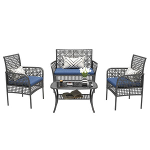 English Elm 4 Piece Outdoor Pe Rattan Wicker Conversation Set with Tempered Glass Coffee Table Blue W2071P296197