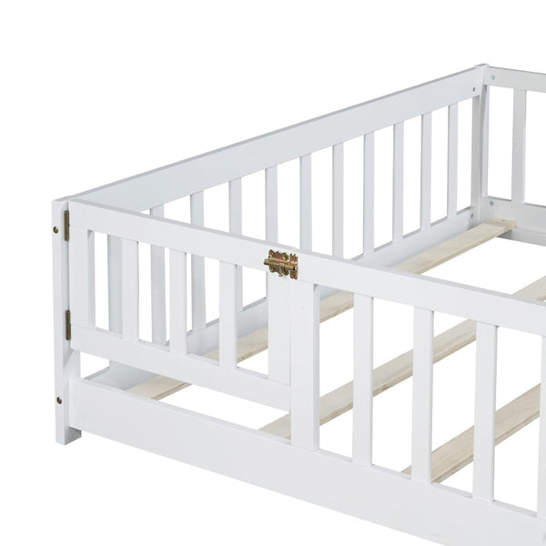 English Elm Twin Solid Rubberwood Floor Bed with Full Perimeter Safety Rails for Toddler Rooms White W504P296786