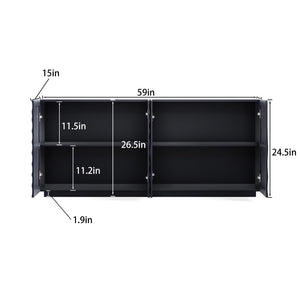 English Elm Buffet Sideboard with Wave Textured Doors Matte Black Sculptural Storage Cabinet W2263P353560
